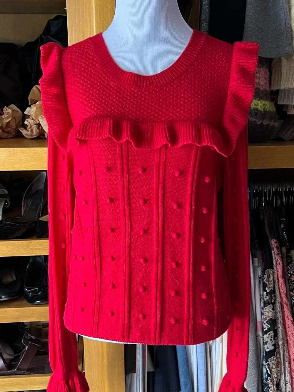 KATE SPADE NY Wool Blend Red Ruffle Popcorn-Knit Crew Sweater